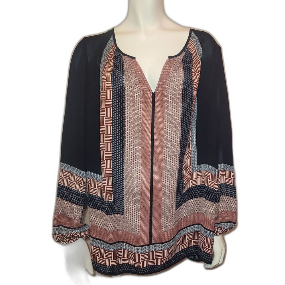 Rose and Olive Black Blue Long Sleeve Scarf Print Blouse Womens Size Medium